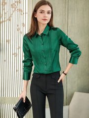 Solid - Color Polo - Neck Silk Blouse-in-green-front-SILKSER