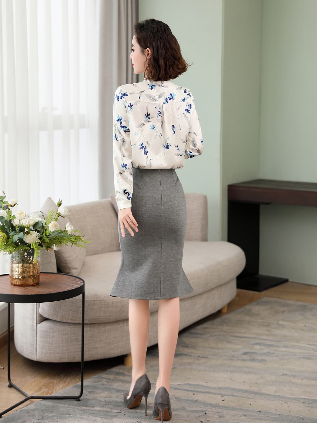Floral Long Sleeve Mulberry Silk Blouse for Women