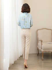 Floral Long Sleeve Mulberry Silk Blouse for Women