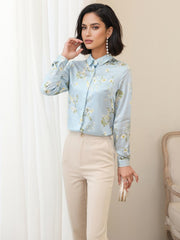 Floral Long Sleeve Mulberry Silk Blouse for Women