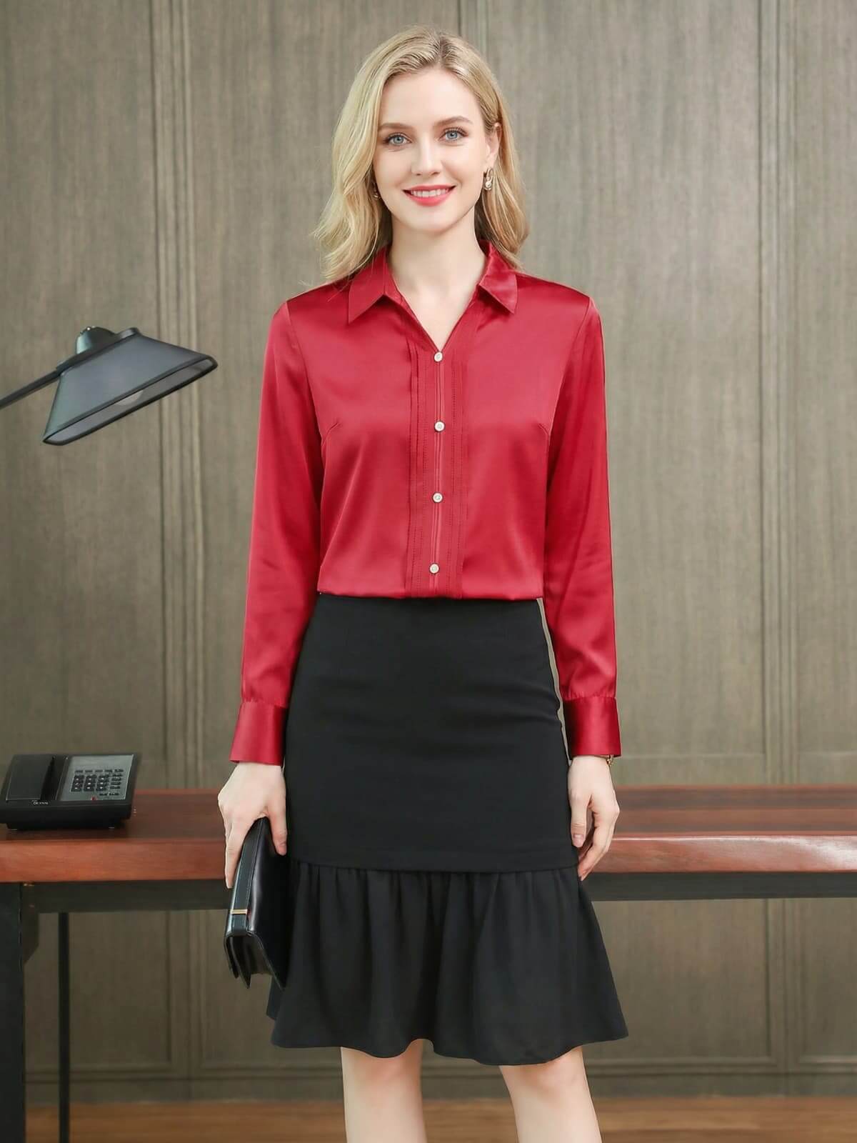 Chic Polo Collar Silk Blouse-in red-front-SILKSER