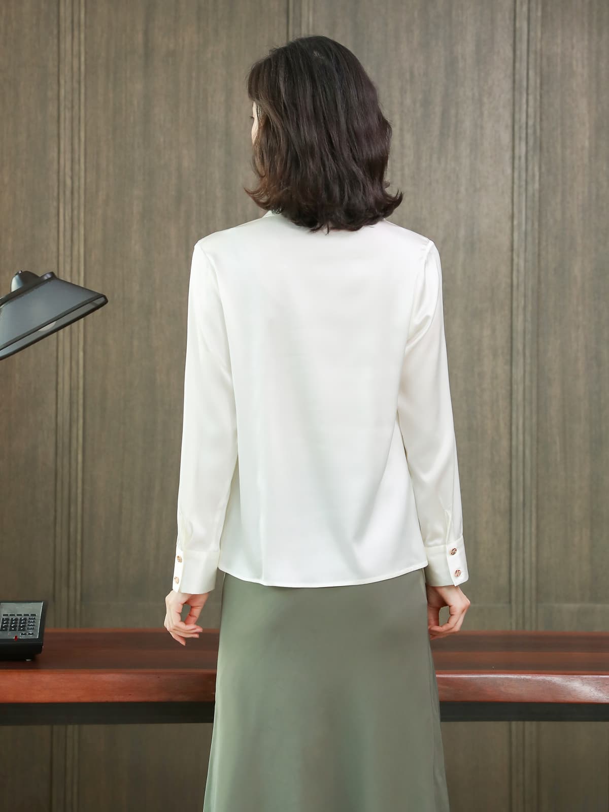 Chic Polo Collar Silk Blouse-in white-back-SILKSER