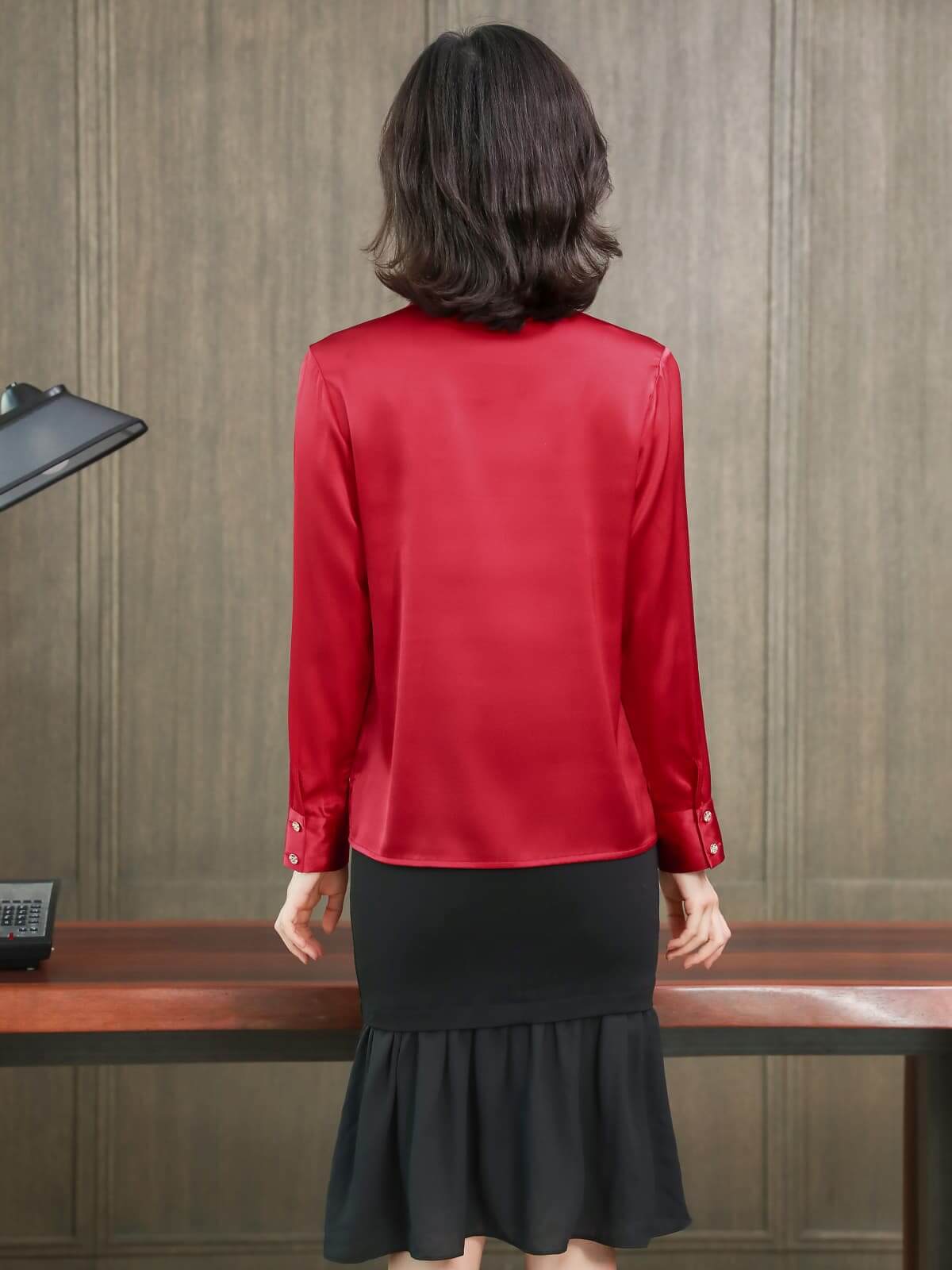 Chic Polo Collar Silk Blouse-in red-back-SILKSER