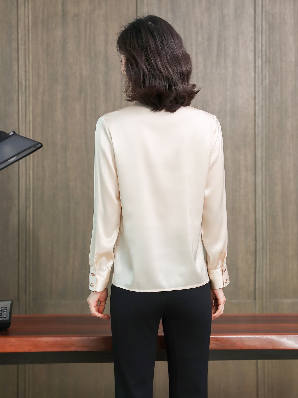 Chic Polo Collar Silk Blouse-in apricot-back-SILKSER