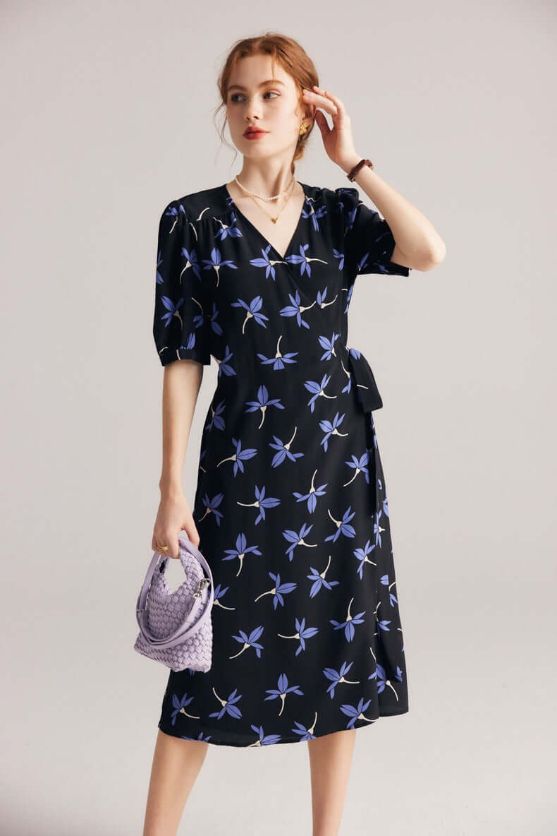 Silkser Summer New Floral Wrap Silk Dress