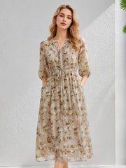 V-Neck Floral Mulberry Silk Midi Dress