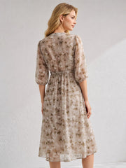 V-Neck Floral Mulberry Silk Midi Dress