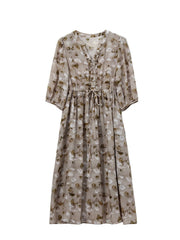 V-Neck Floral Mulberry Silk Midi Dress