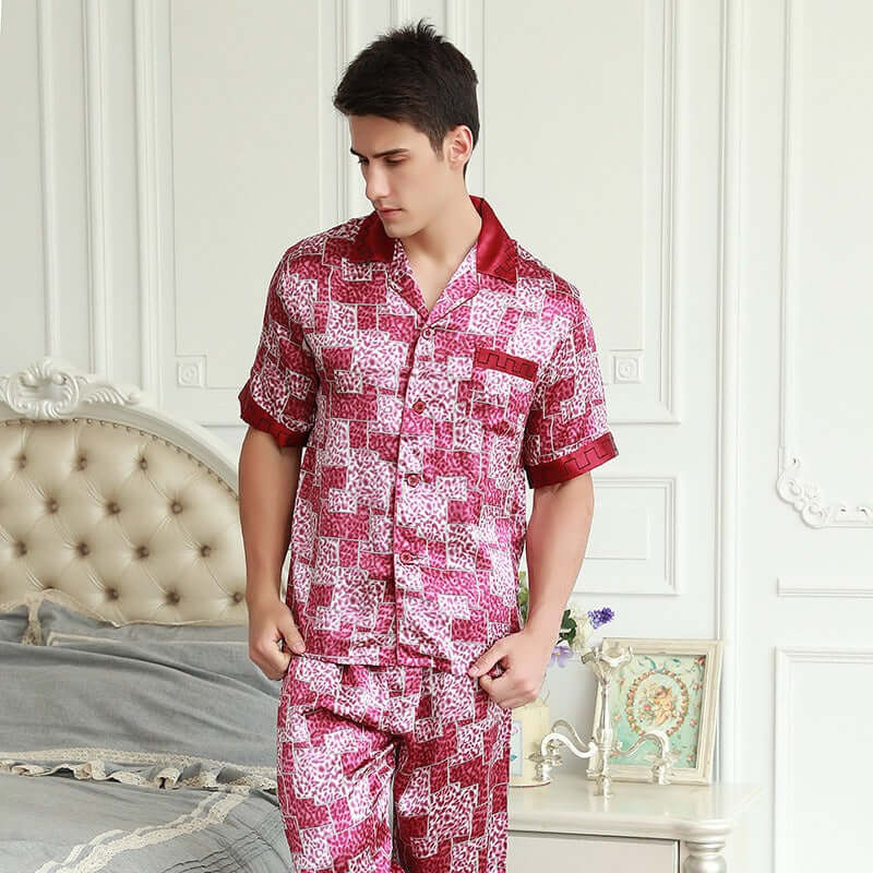 Stylish Short-Sleeve Printed Men's Silk Pajamas