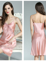 Womens Breathable Silk Lace Spaghetti-Strap Nightgown