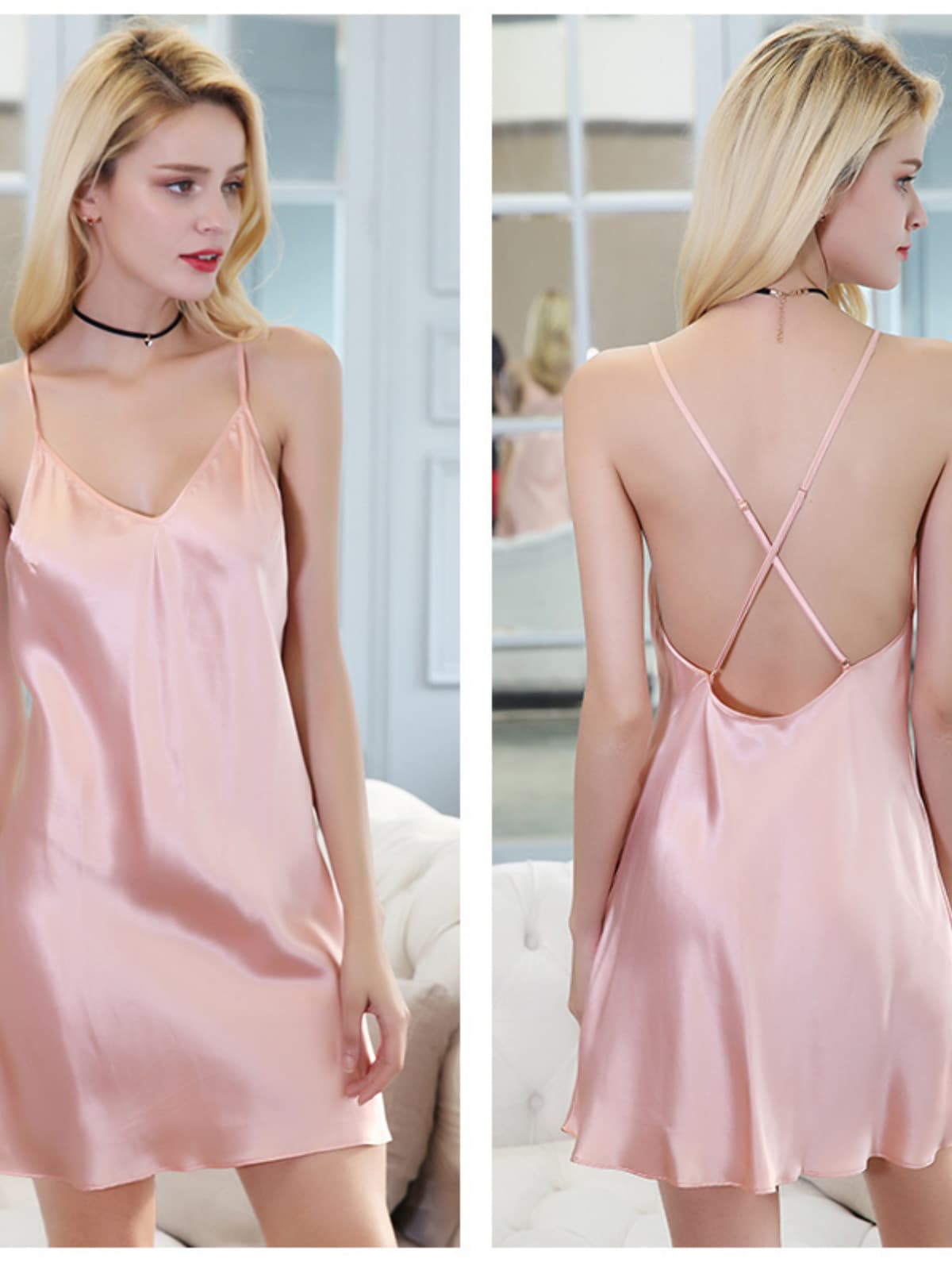 Womens Soft Backless Spaghetti-Strap Silk Nightgown