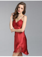 Womens Breathable Lace Spaghetti-Strap Silk Nightgown