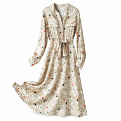 Retro Geometric Circle Print Silk Shirt Dress in Champagne Beige - Flat Lay Display