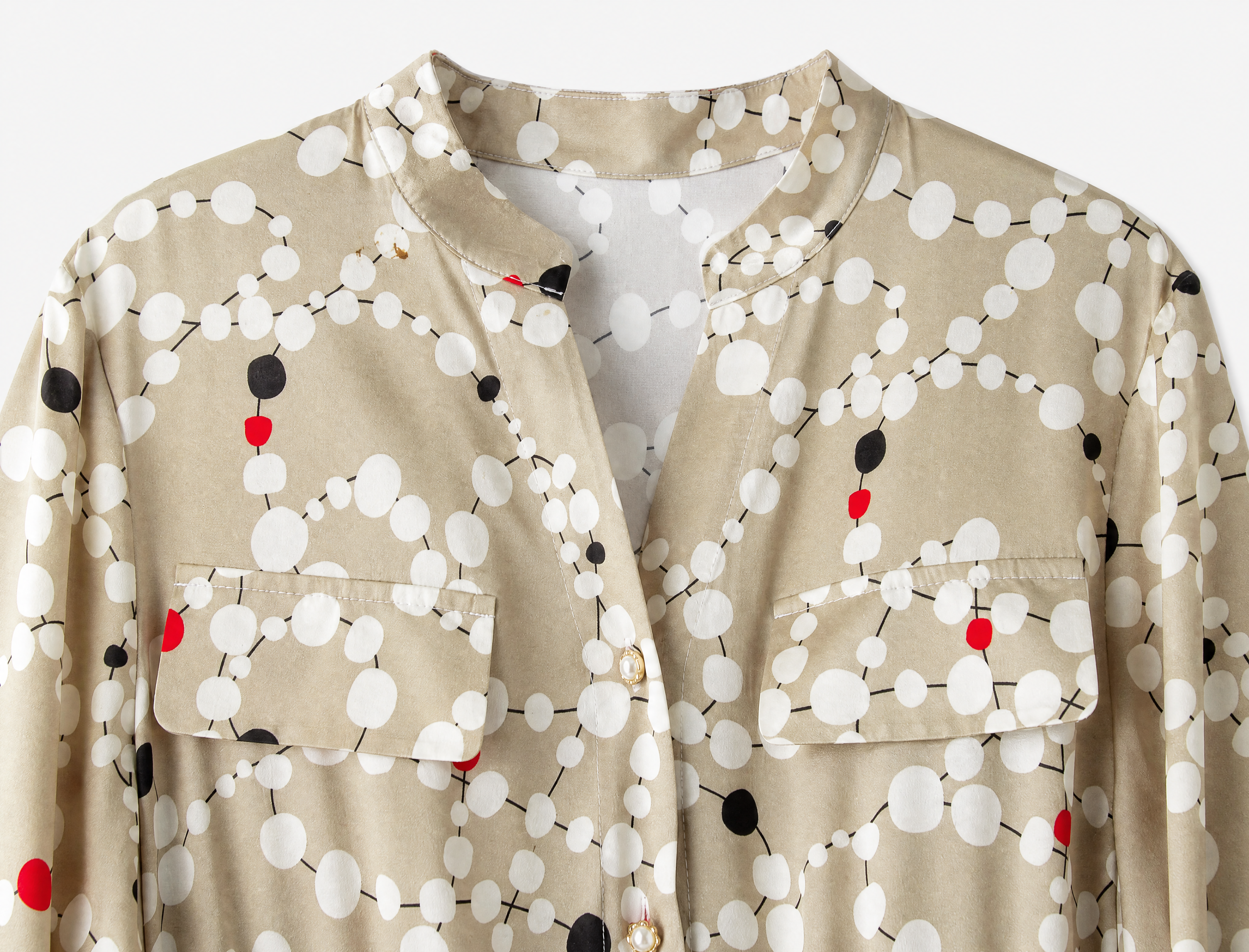 Retro Geometric Circle Print Silk Shirt Dress - Collar and Flap Pockets Detail