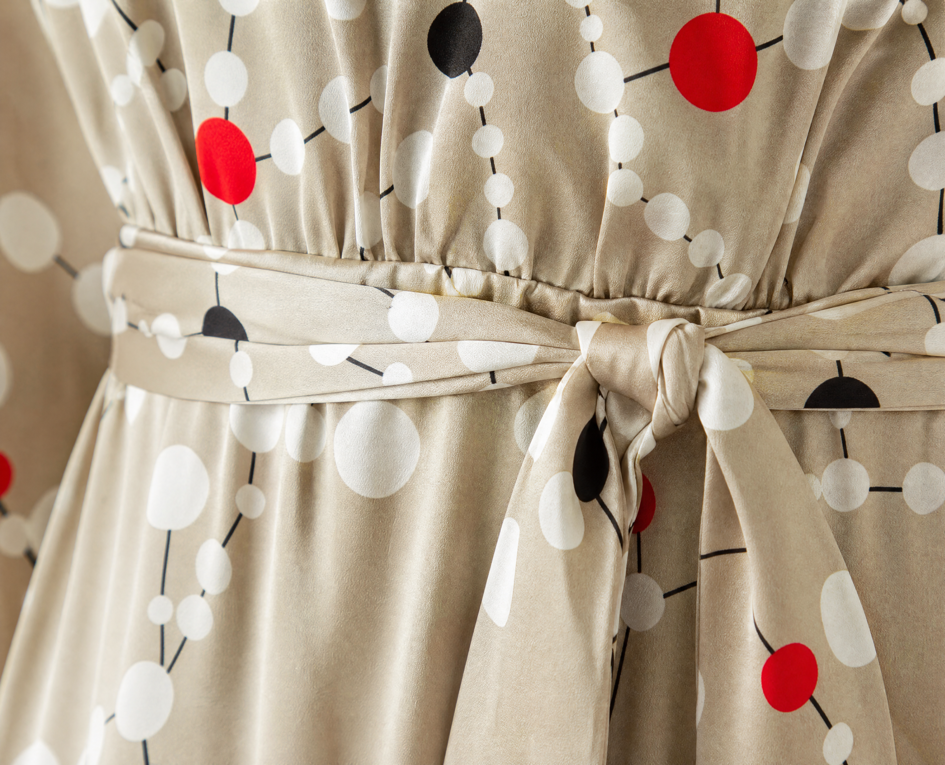 Retro Geometric Circle Print Silk Shirt Dress - Waist Sash Belt Detail