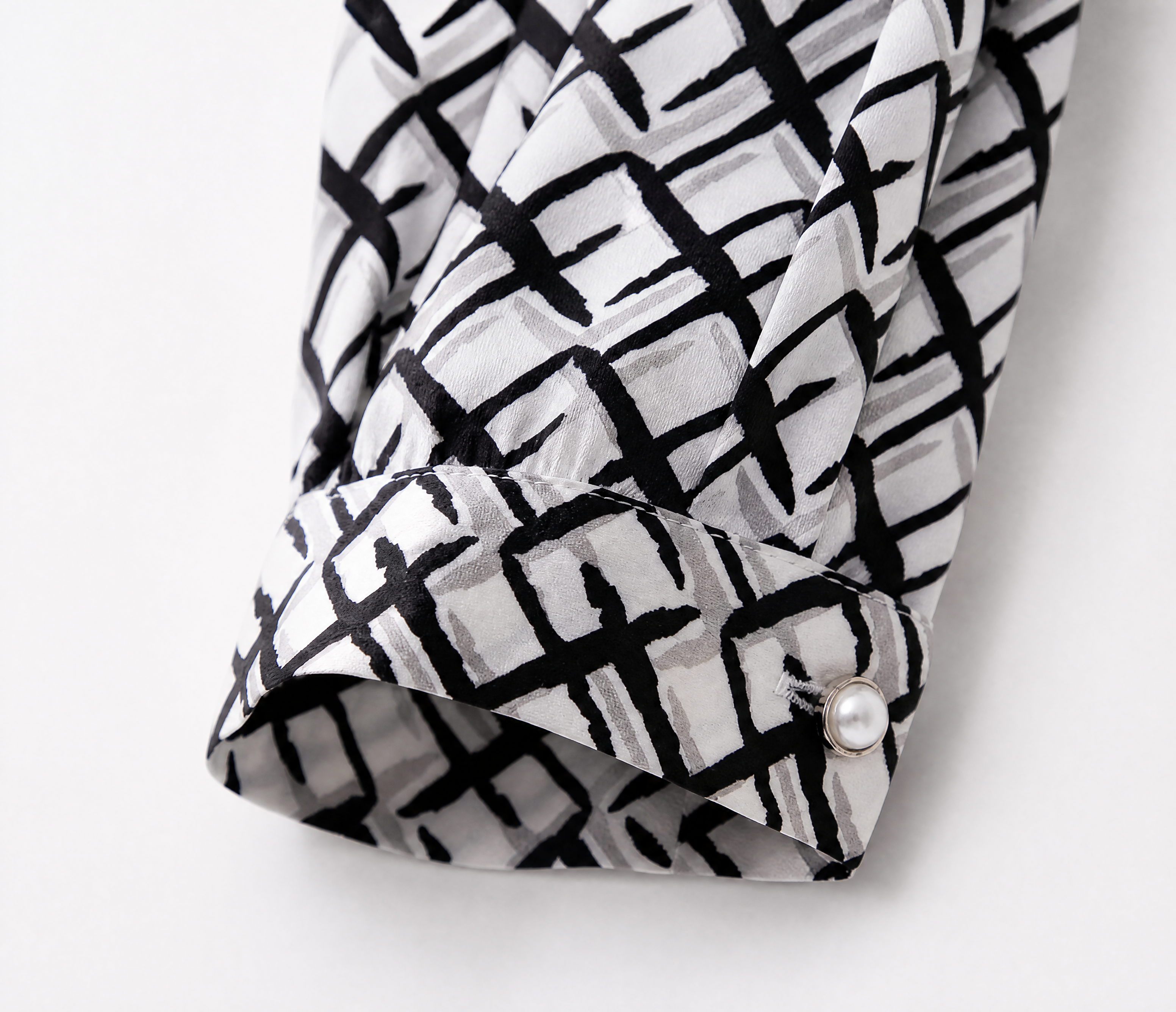 Retro Geometric Print Tie-Neck Silk Midi Dress - Buttoned Sleeve Cuff Detail
