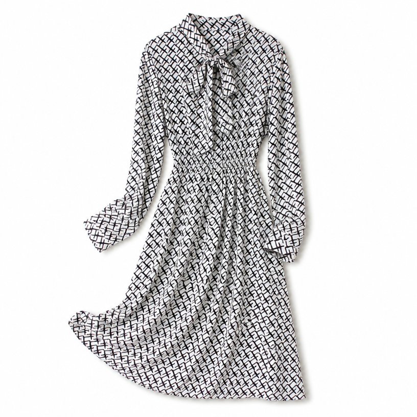 Retro Geometric Print Tie-Neck Silk Midi Dress - Flat Lay View