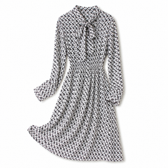 Retro Geometric Print Tie-Neck Silk Midi Dress - Flat Lay View
