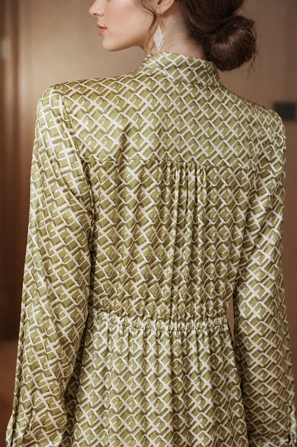 Retro Geometric Print Tie-Neck Silk Midi Dress in Emerald Green - Back View