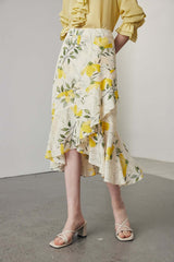 women floral ruffled midi silk skirt/dress