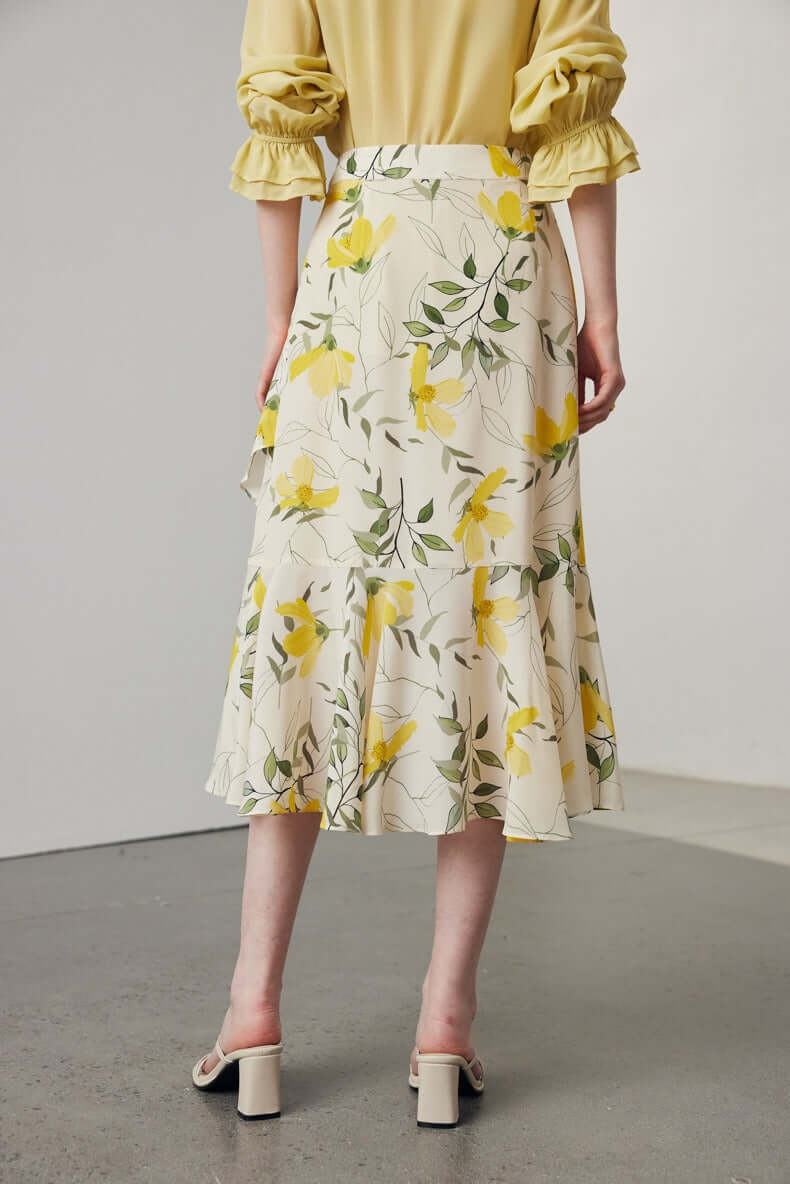 women floral ruffled midi silk skirt/dress