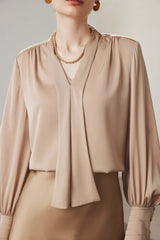 Silkser V-neck Ribbon Pullover Silk Blouse/Shirt