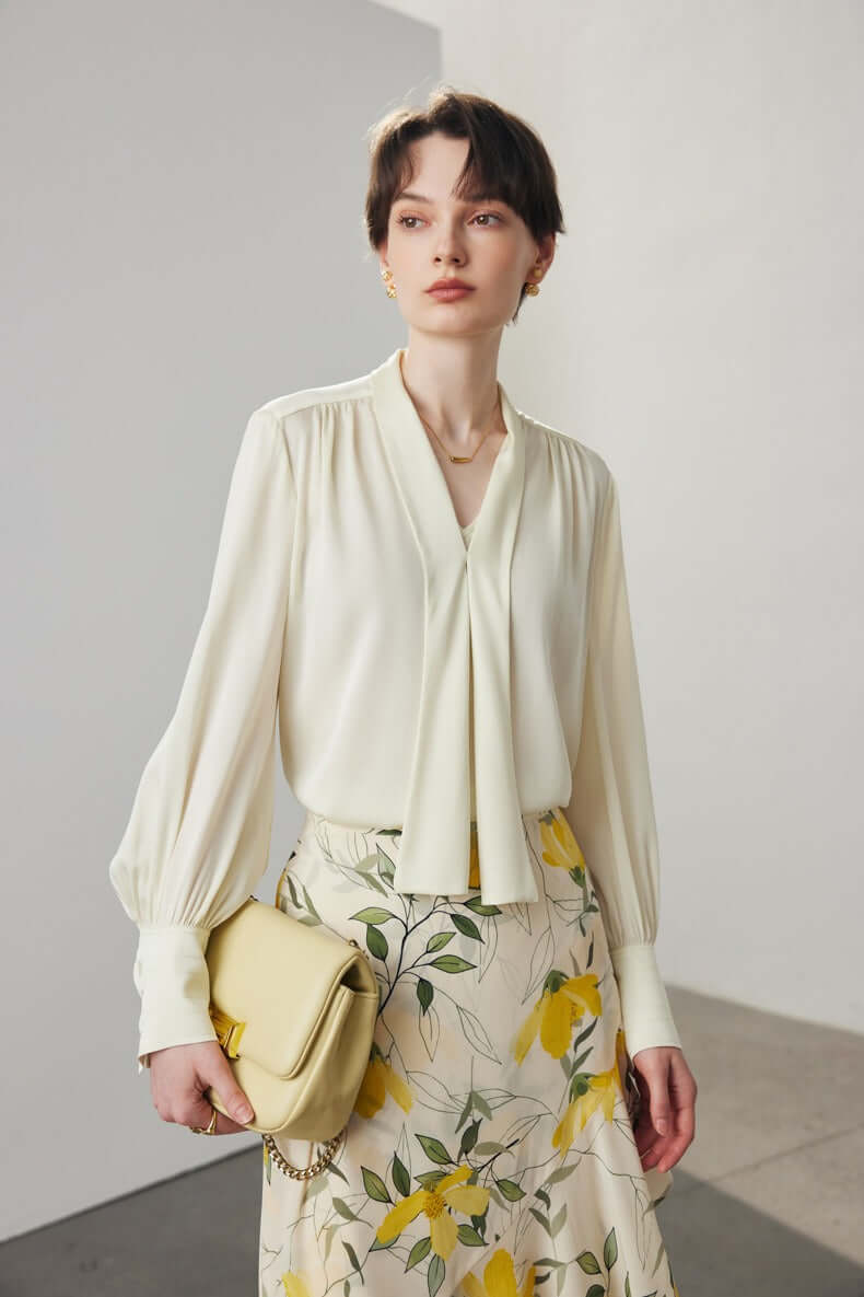 Silkser V-neck Ribbon Pullover Silk Blouse/Shirt