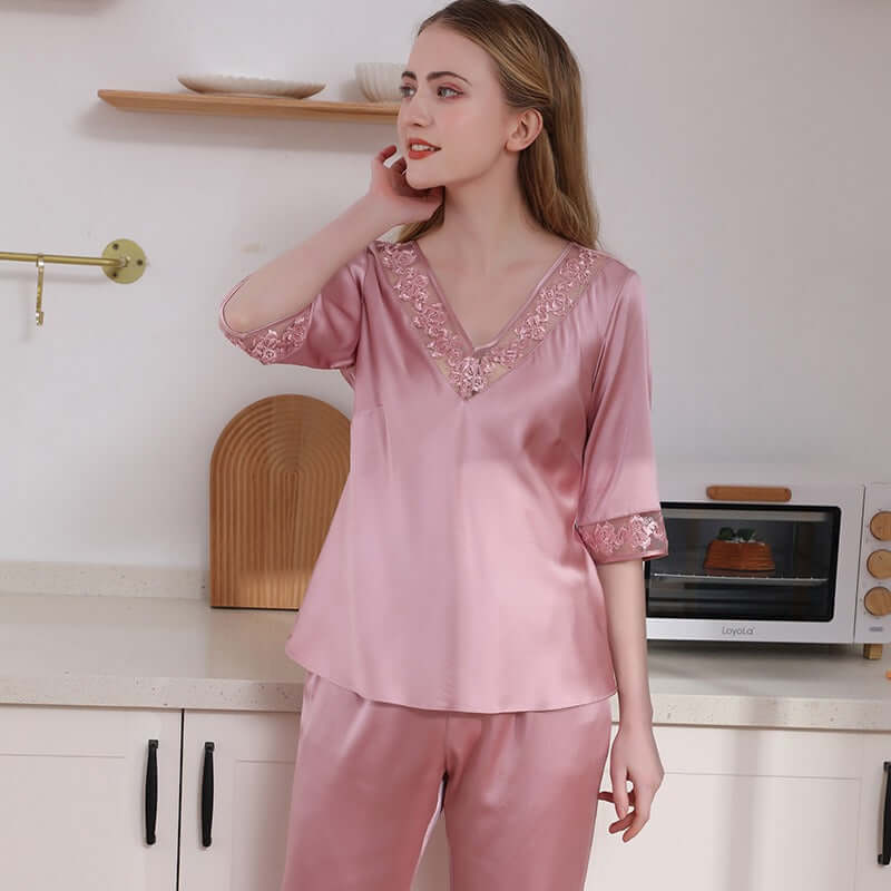 Women Silk Short-Sleeve Pajamas Loungewear