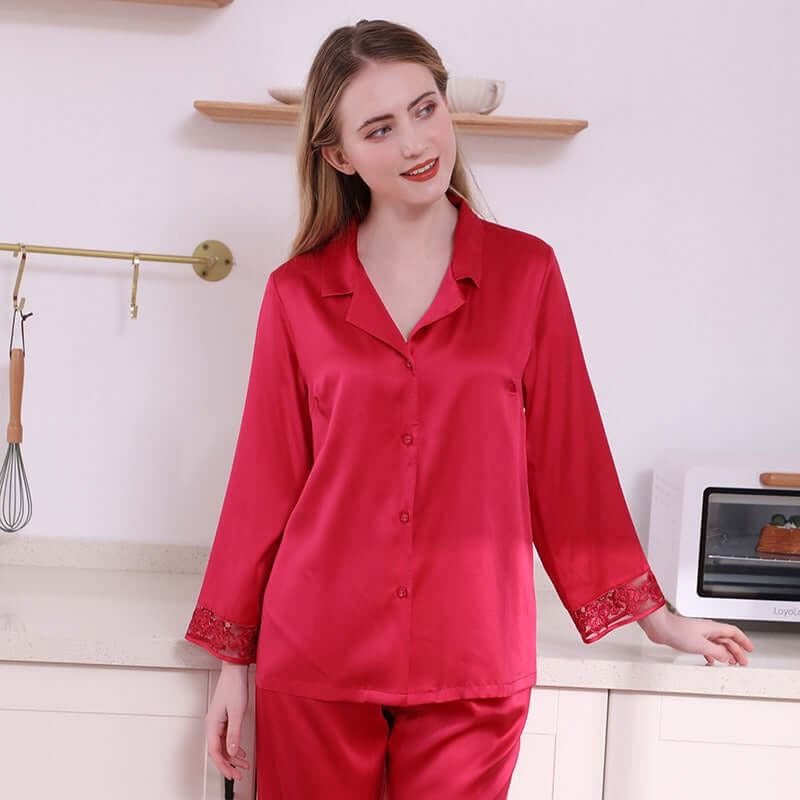 Women Lace Mulberry Silk Pajama Set Nightwear