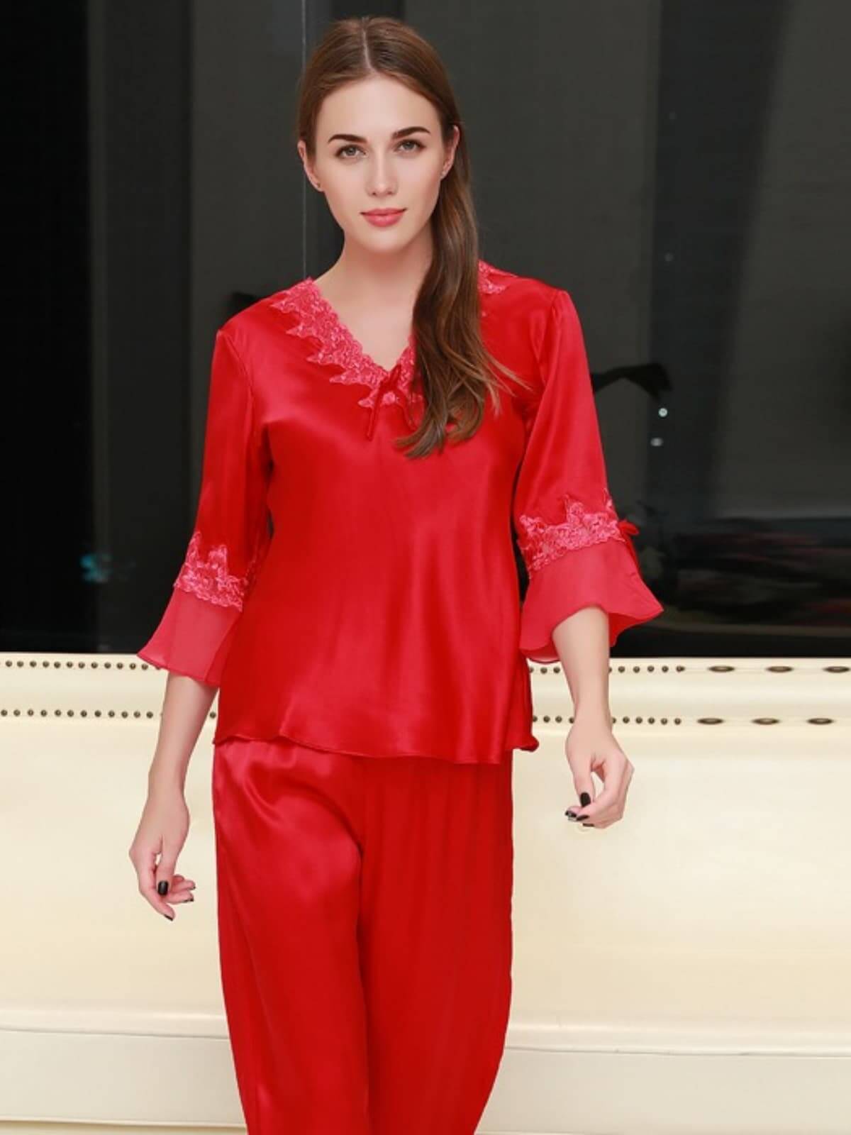 Front view ofWomen's Lace Silk Pajama Set - Luxurious & Comfortable Nightwear in red