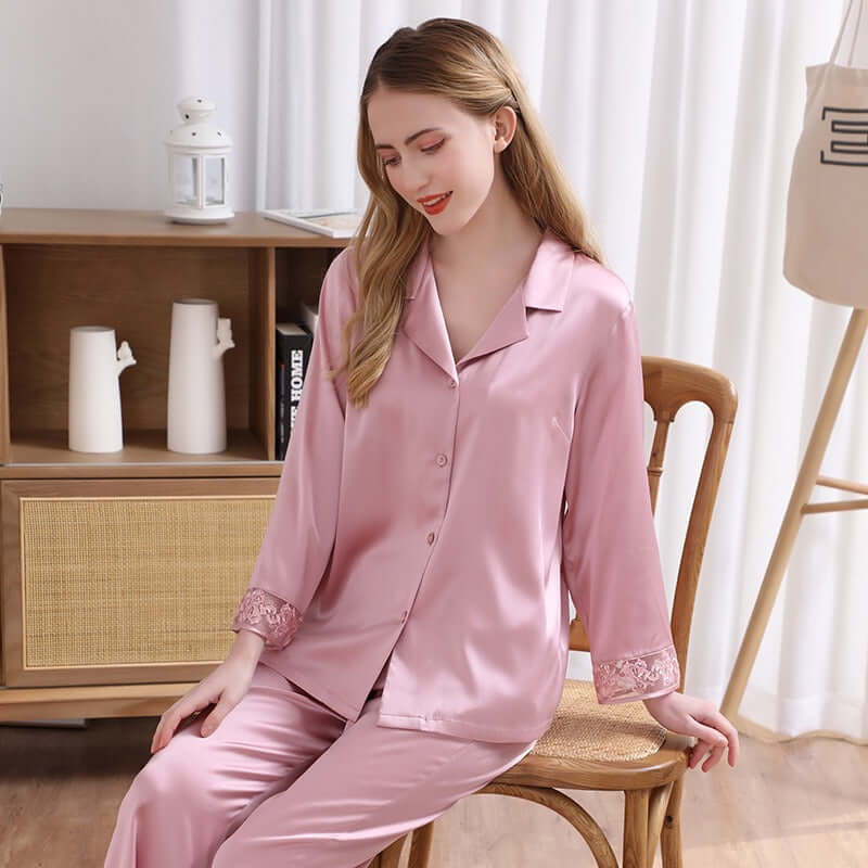 Women Lace Mulberry Silk Pajama Set Nightwear