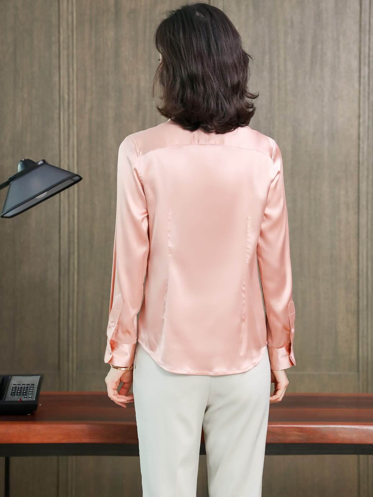 Refined Solid - Color Silk Blouse-in pink-back-SILKSER