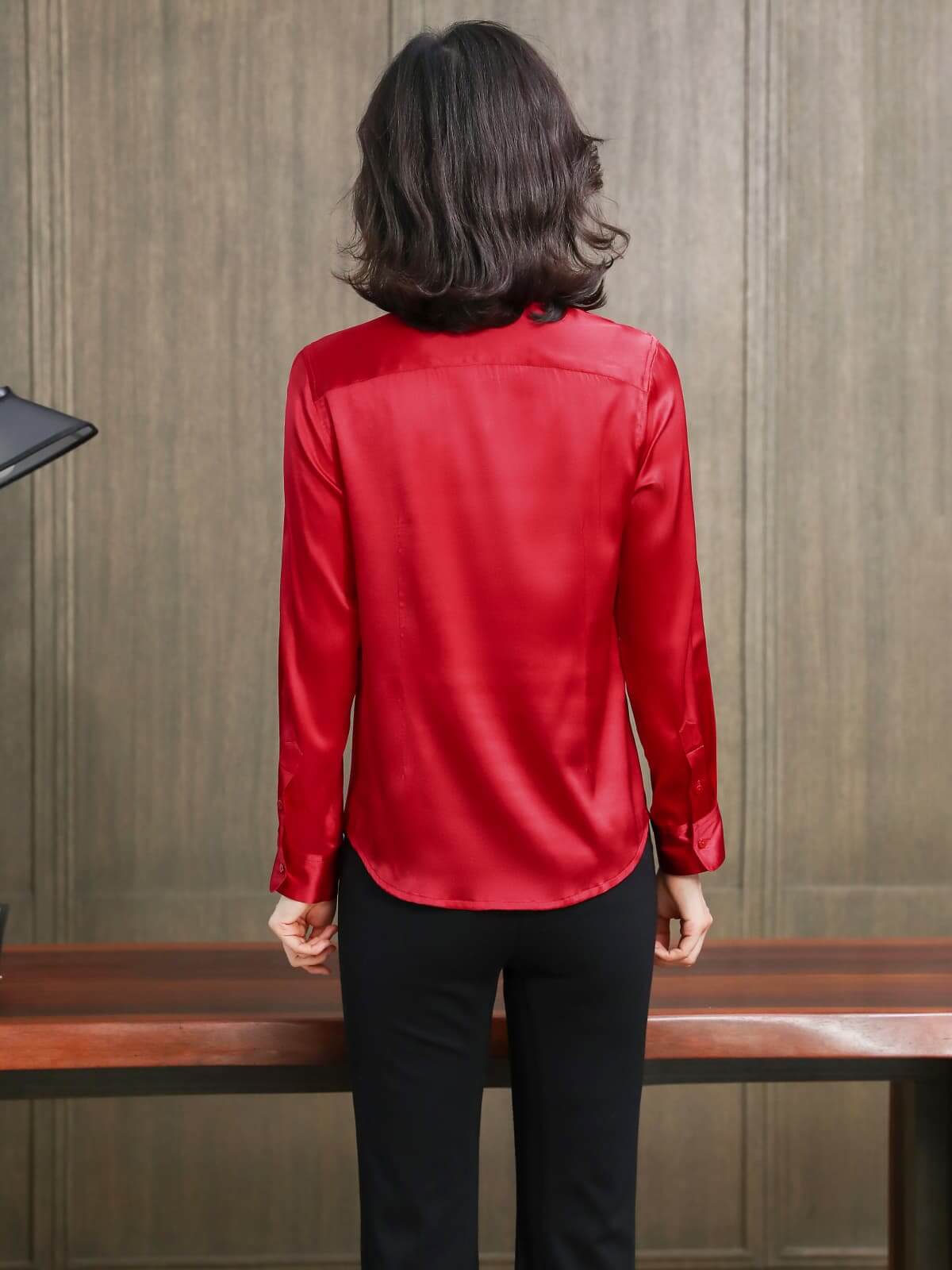 Refined Solid - Color Silk Blouse-in red-back-SILKSER