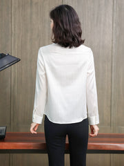 Chic Striped Turn - Down Collar Silk Blouse-white color from back-SILKSER
