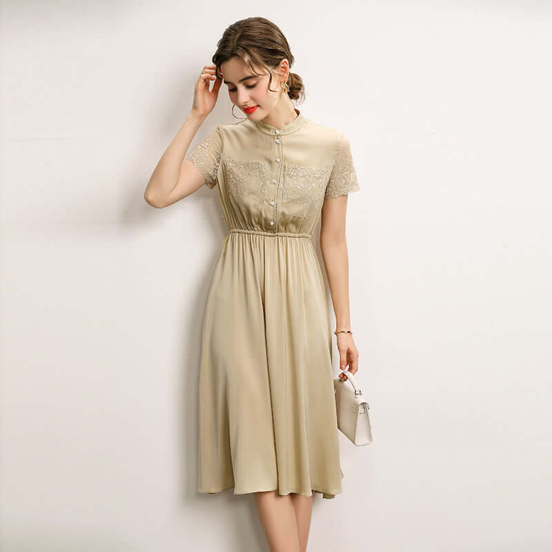 Stand - up Collar Mulberry Silk Dress - SILKSER