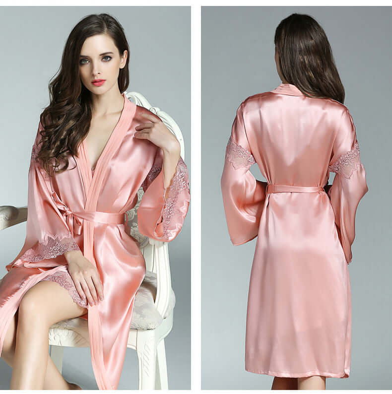 Strap Lace Silk Nightgown Robe Two - piece Set - SILKSER