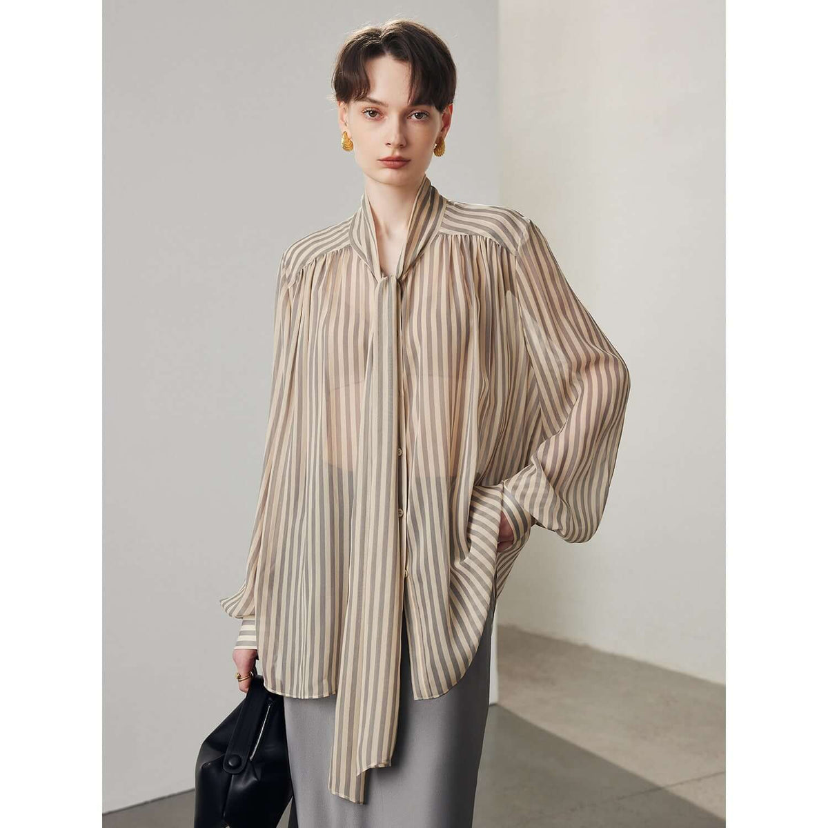 Stripes Ribbon Silk Blouse - SILKSER