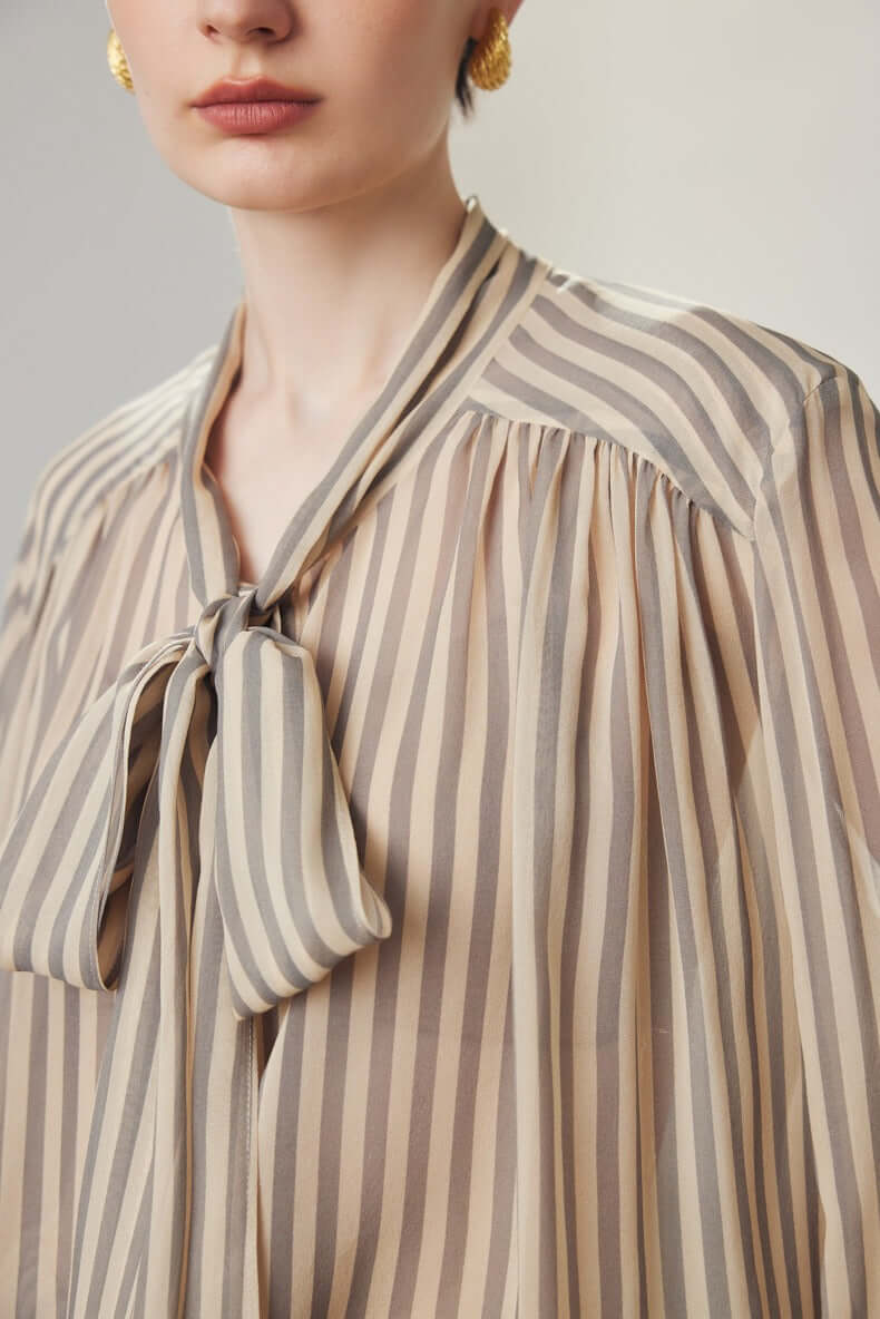 Stripes Ribbon Silk Blouse - SILKSER