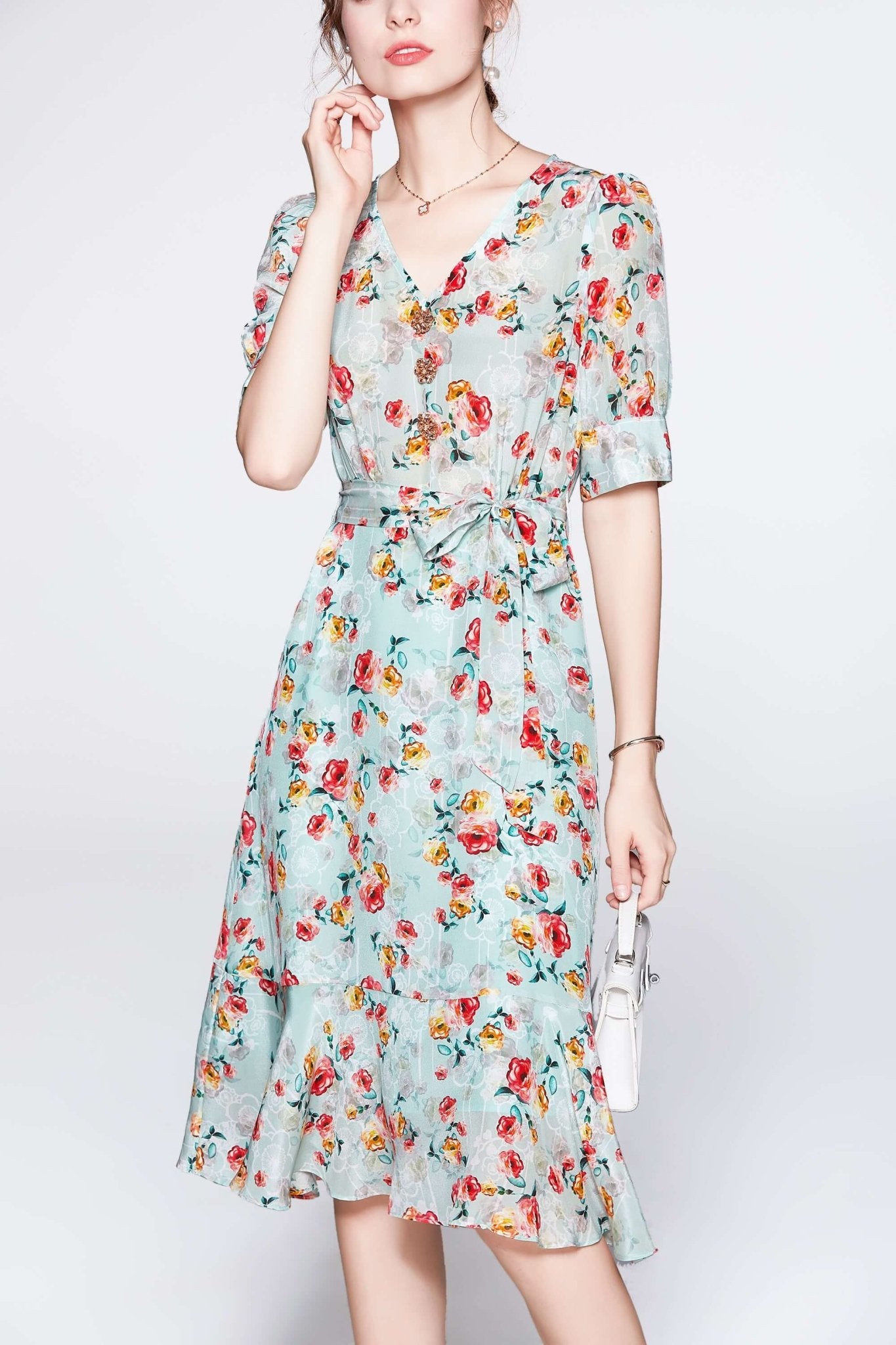 V - neck Floral Mulberry Silk Dress - SILKSER