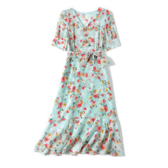 V - neck Floral Mulberry Silk Dress - SILKSER