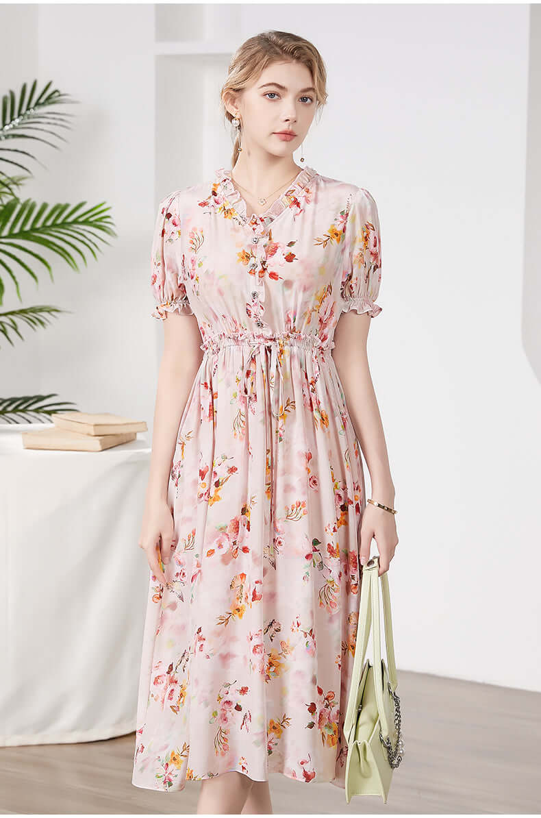 V - neck Floral Silk Dress - SILKSER