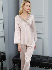 Embroidered Long Sleeves Silk PJs for Women