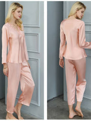Embroidered Long Sleeves Silk PJs for Women