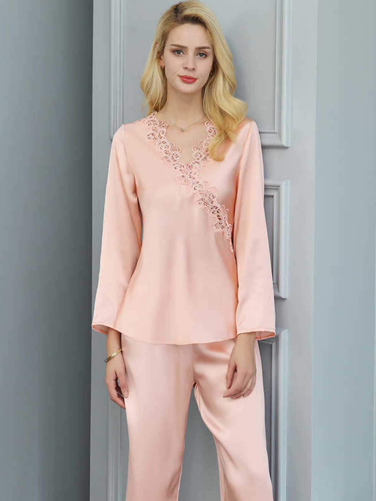 Embroidered Long Sleeves Silk PJs for Women