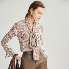 Floral Print Silk Blouse with Tie Knot