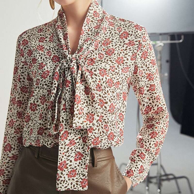 Floral Print Silk Blouse with Tie Knot