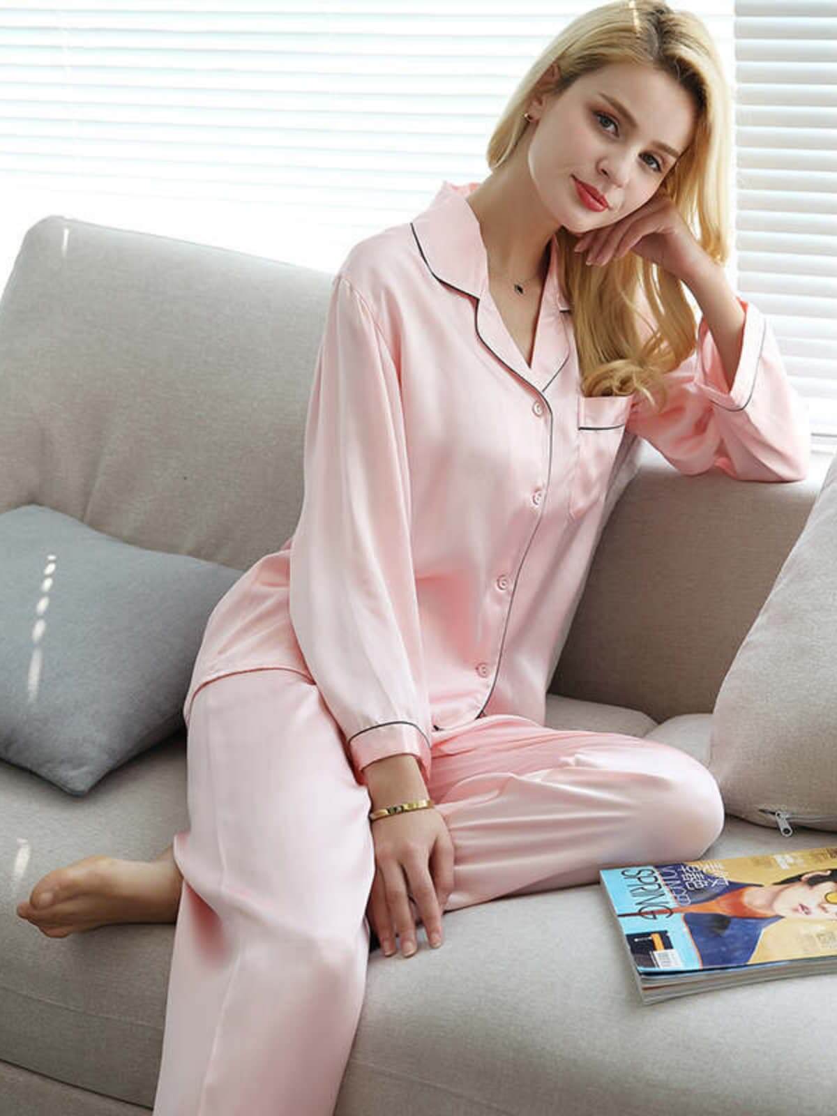 Long - Sleeved Pure Silk Pajama Set for Women