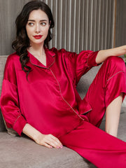 Womens Soft Long-sleeved Pure Silk Pajamas Set