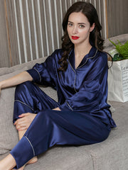 Womens Soft Long-sleeved Pure Silk Pajamas Set