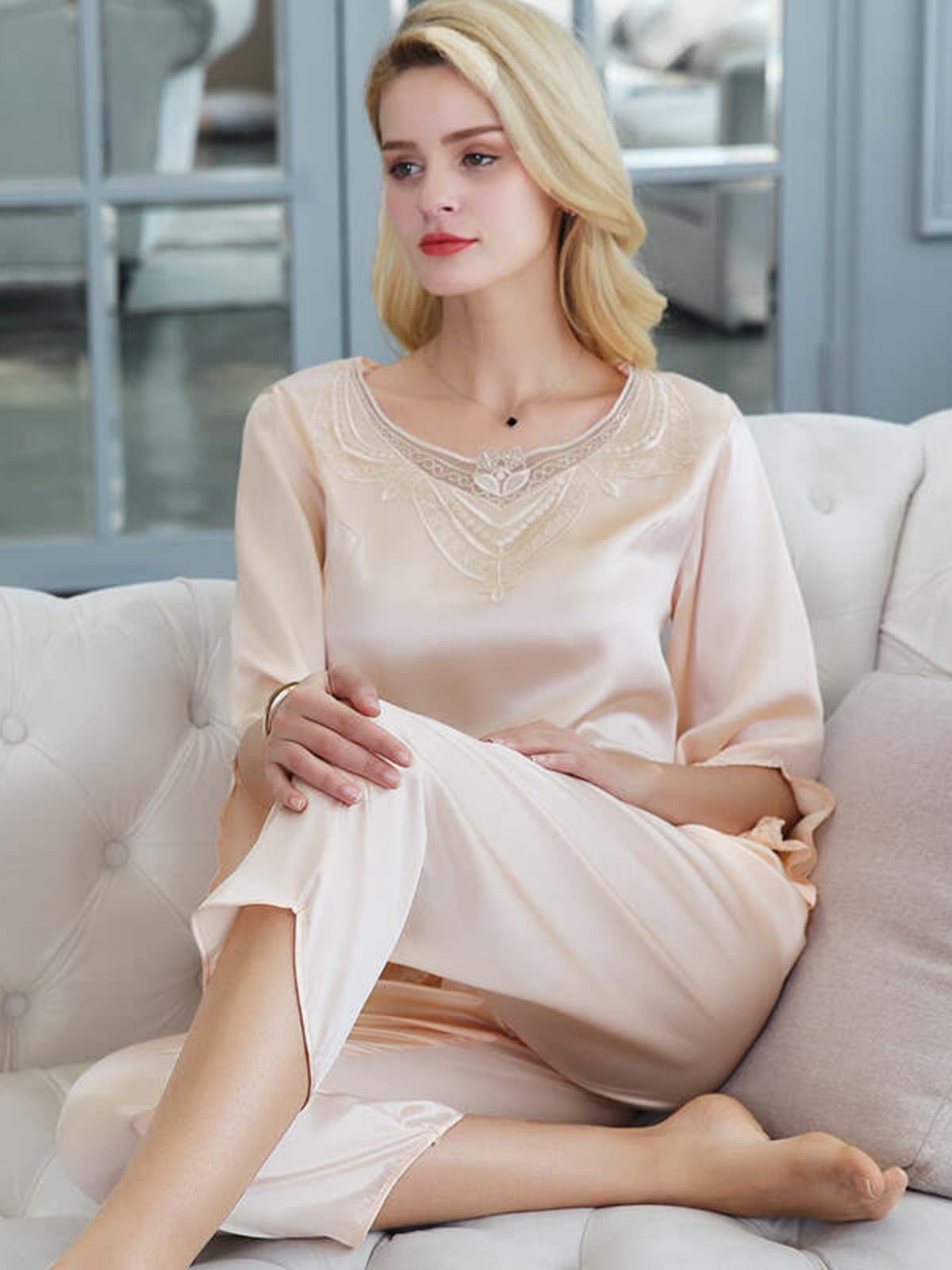 Lace Womens Silk Pajama Set 3/4 Sleeve